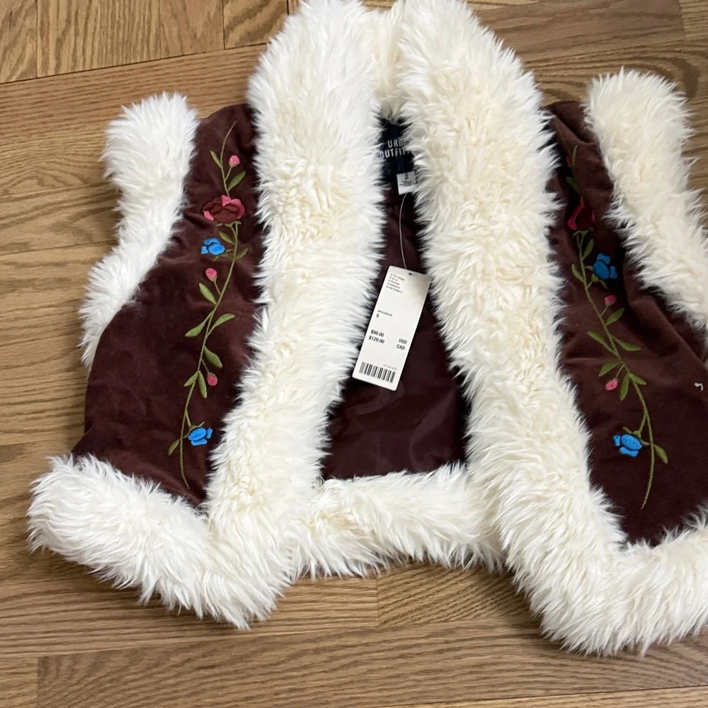 Urban Outfitters Brown Vest with Floral Embroidery and Cream Faux Fur - Picture 1 of 6